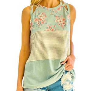 New!! Lovely Melody Sleeveless Floral Striped SageTank